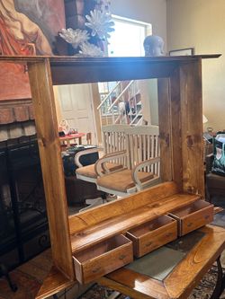 Rustic Farmhouse Wood Framed Mirror with Storage Drawers  48” x 36”