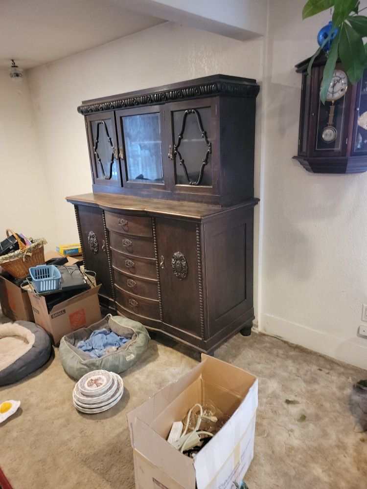 Old German China Cabinet, Buffet And Grandfather Clock. Matching Set
