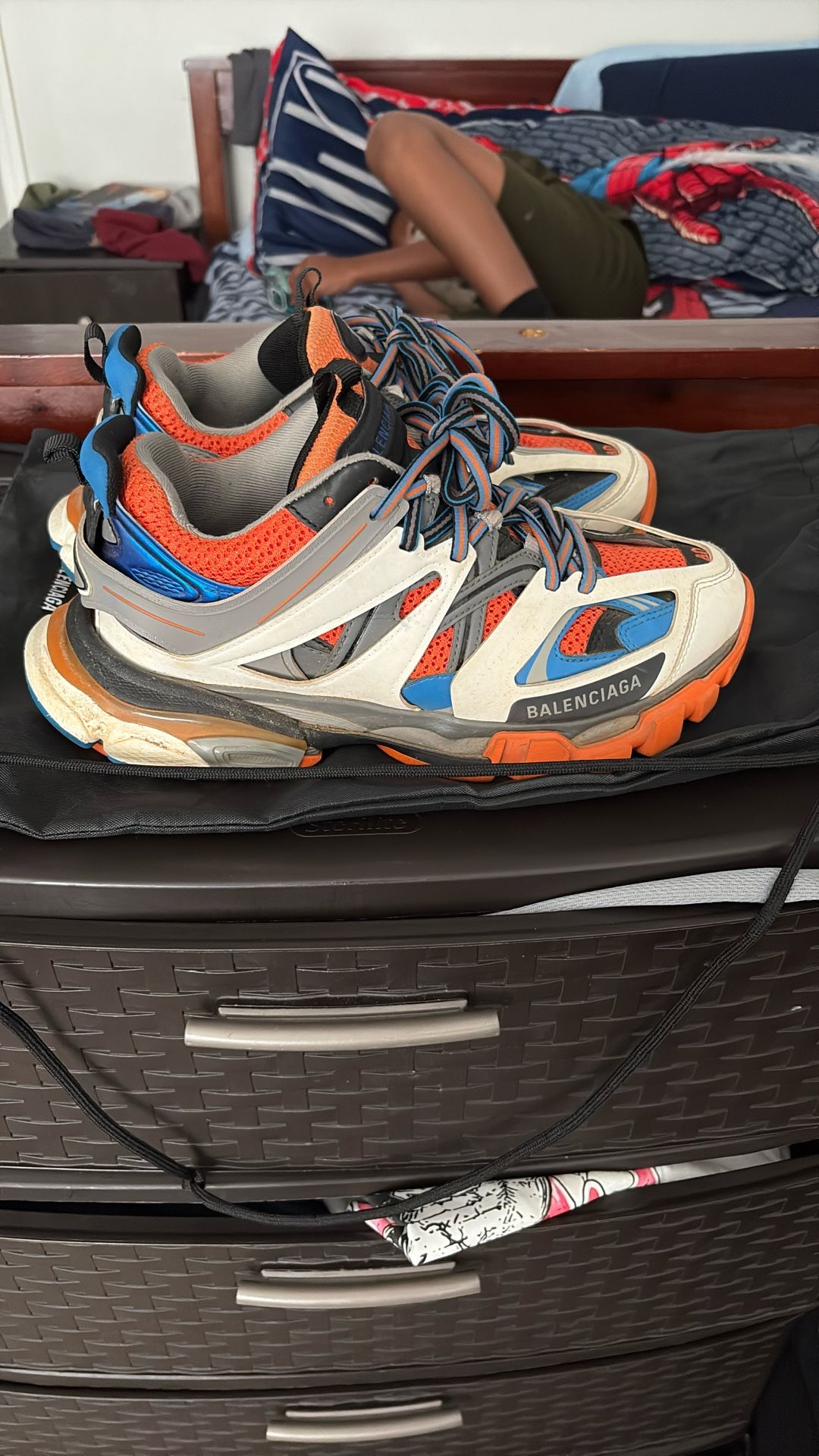 Balenciaga tracks, orange, blue, white, and gray and black