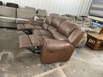 Brown Leather Reclining Sofa with Nailhead Trim