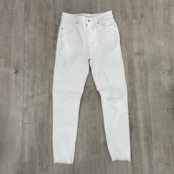 Levi’s 721 HIGH RISE SKINNY ANKLE White Denim Jeans w/ Ripped Knee, 26