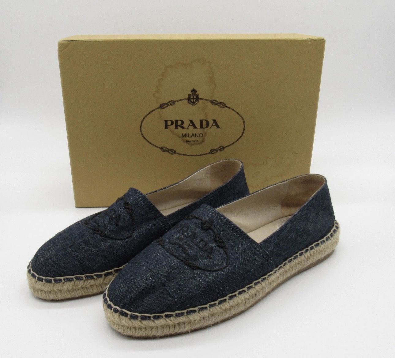 Prada Denim Logo Espadrille Flats Embroidered Slip On Size 39