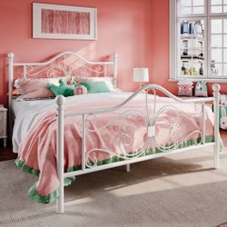 Queen Size Bed Frame with Headboard,Metal Bed Frame with Butterfly Pattern Design Headboard & Footboard,No Box Spring Needed,Easy Assembly,White