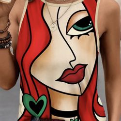 Sleeveless Crew Neck Abstract Print Tank Top for Spring & Summer, Casual Women's Clothing