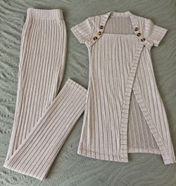 Gray  Ribbed 2-Piece Set – Wide Leg Pants & Button Top