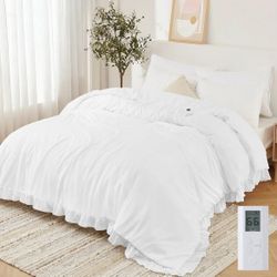 Queen Heated Comforter with Dual-Zone Control – White 90” x 90”