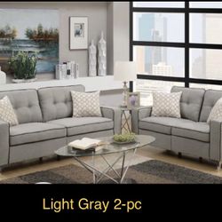 2-pc Light Gray Sofa Set, Poly fiber, Plywood, Base Panel W. Solid Pine Frame And Metal Legs 