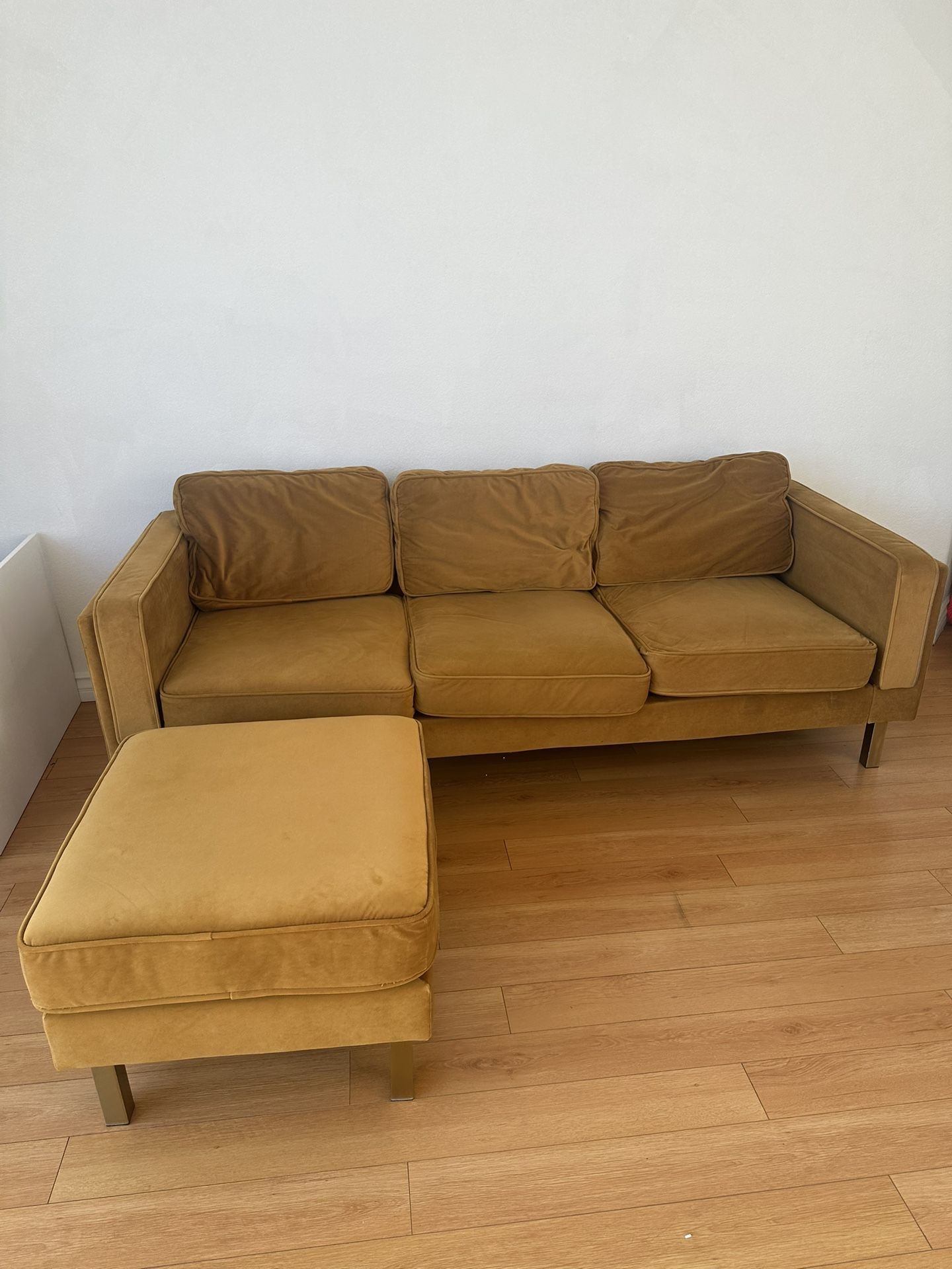 Mid-Century Style Mustard Velvet Couch + Ottoman