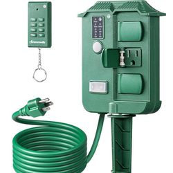DEWENWILS Outdoor Power Stake Timer Waterproof, 100FT Wireless Remote Control, 6 Grounded Outlets, 6FT Extension Cord