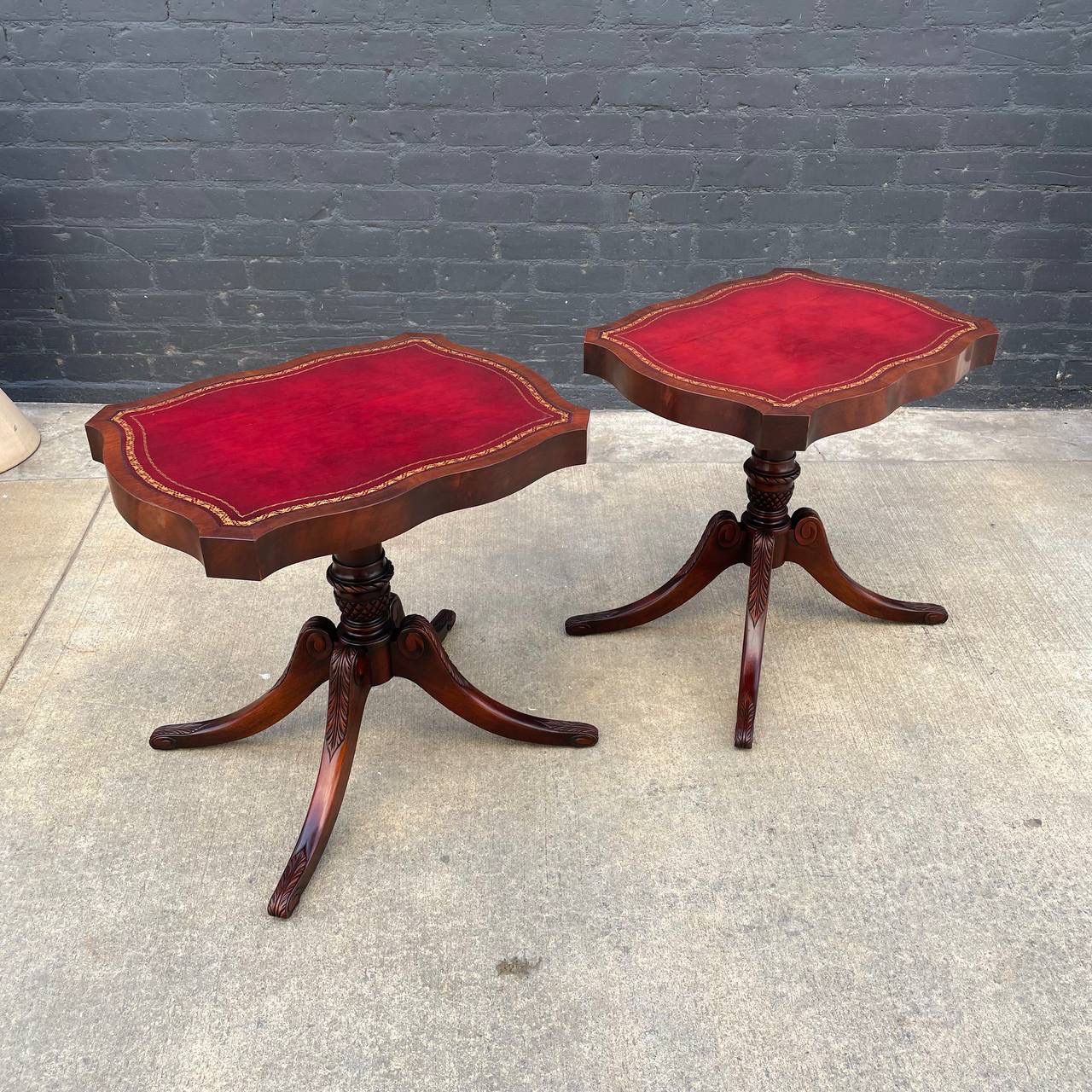 American Antique Mahogany Side Tables with Gilt-Tooled Burgundy Red Leather Top, c.1950’s