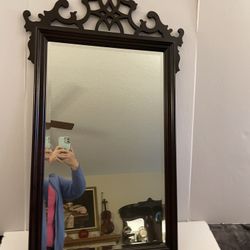 Vintage Solid Wood Framed Beveled Mirror With Scroll Top