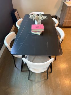 Black Marble-Top Dining Table with 6 Chairs