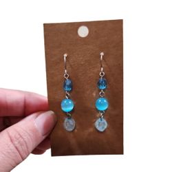 Silver Toned Blue Beaded Drop Earrings 2"