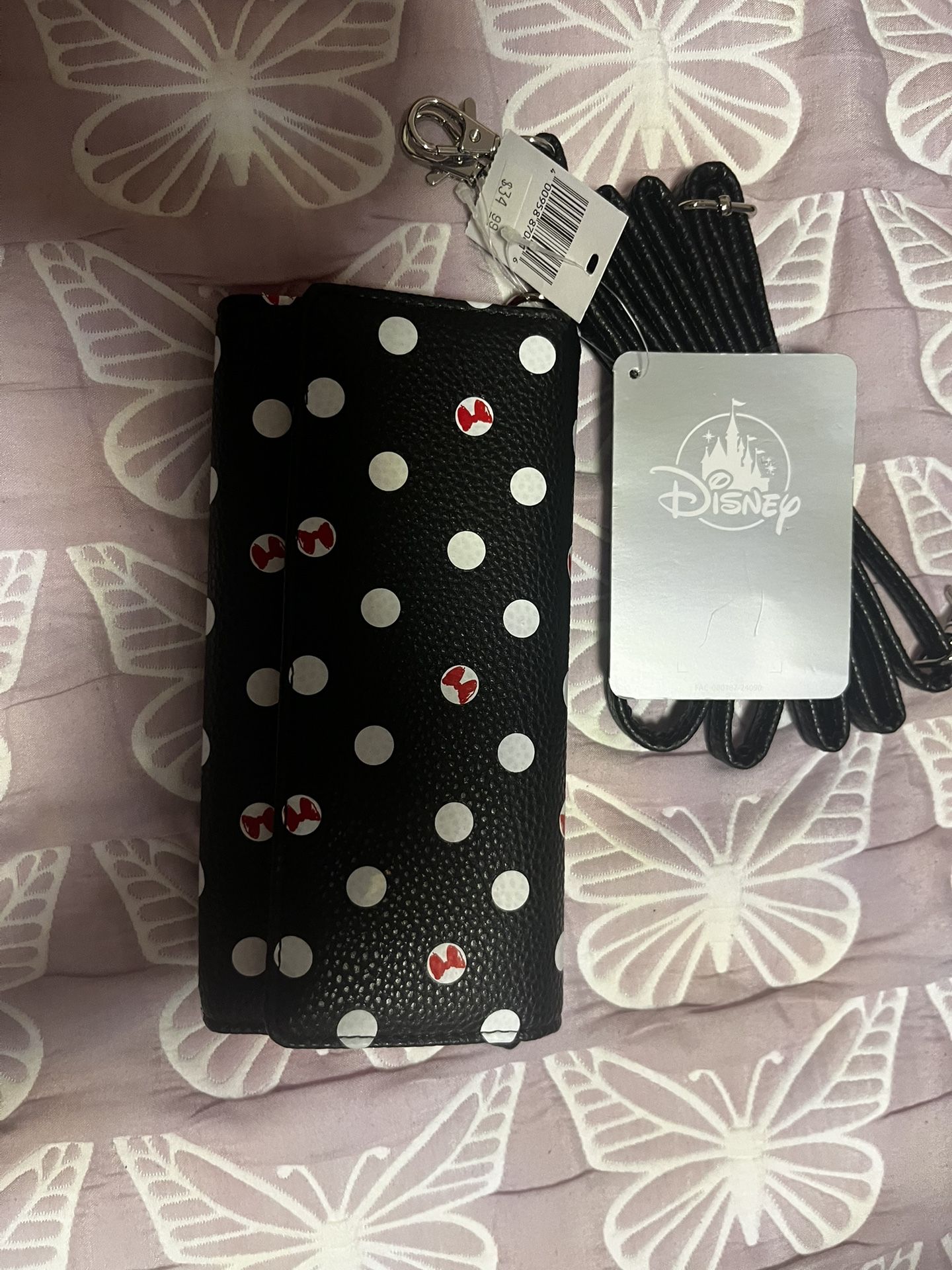 Disney Parks Minnie Mouse Bows Polka Dot Crossbody Wristlet Wallet.
