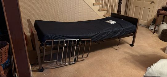 Adjustable full size bed frame with rails and mattress