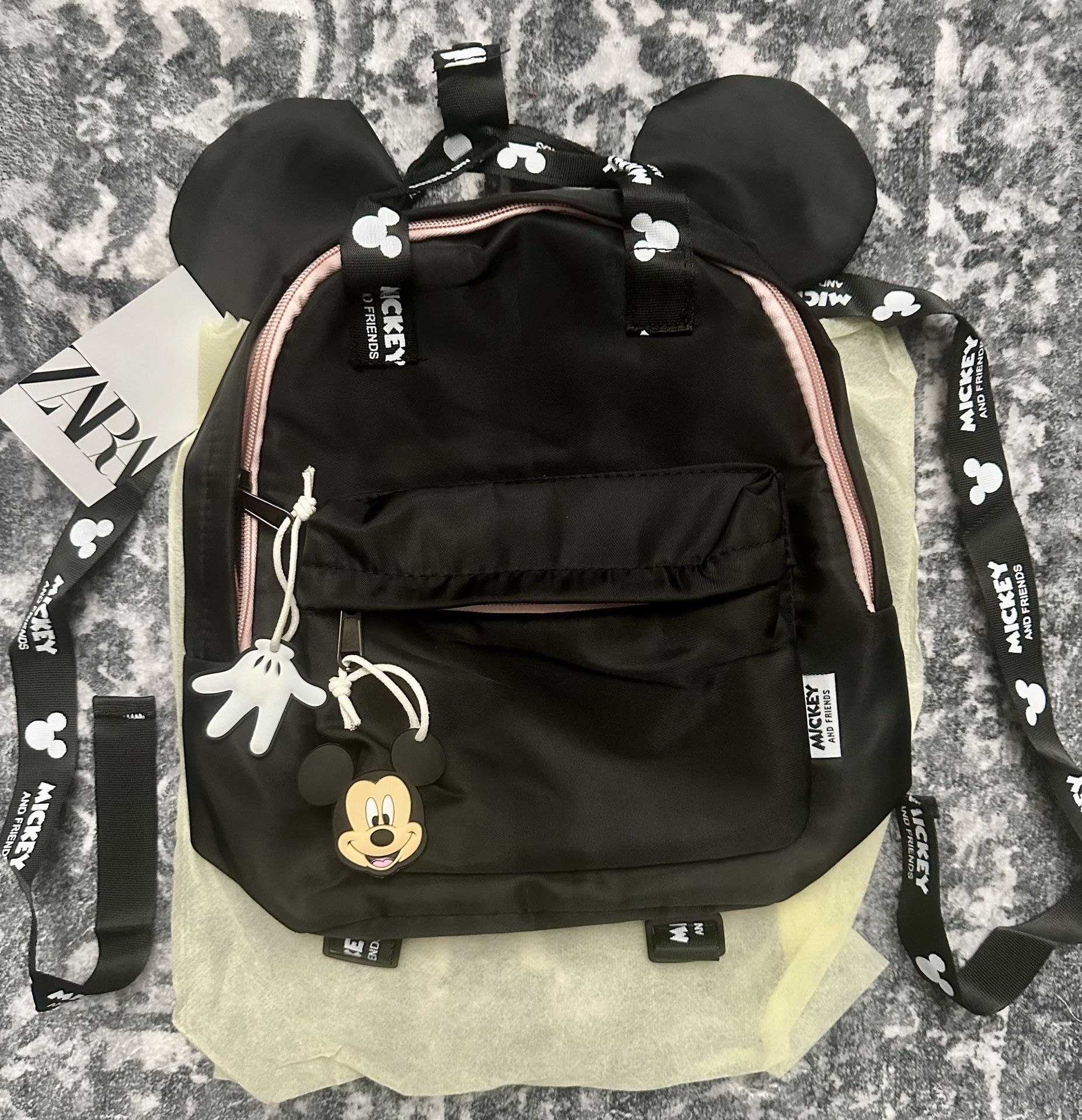 New In Bag W/tags. ZARA/ BLACK W/PINK TRIM/ MICKEY MOUSE BACKPACK/ INFANT/TODDLER/YOUNG CHILD BAG