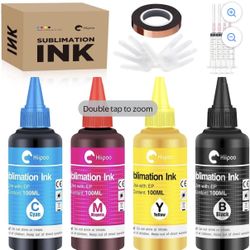 Hiipoo Sublimation Ink for Ecotank Printers ET2400 ET2720 ET2750 ET2760 ET2803 & XP4100, Refill Bottles with Heat Tape, Heat Transfer for T-Shirts, Mu