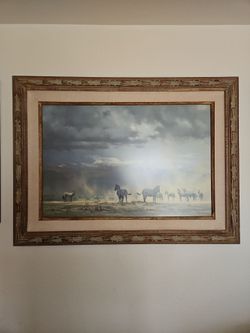 Framed Zebra Herd Landscape Painting