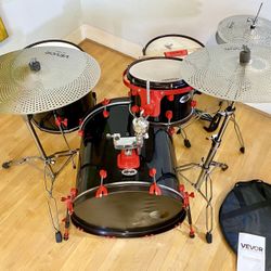 Ddrum Diablo complete drum set 22 12 16 14” new quiet cymbals stands no throne $335 cash in Ontario 91762. Sticks key cymbal bag good condition.