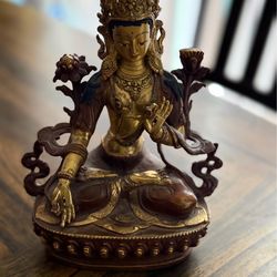 12" old Tibet Tibetan Buddhism temple Bronze gilt Green Tara Bodhisattva statue