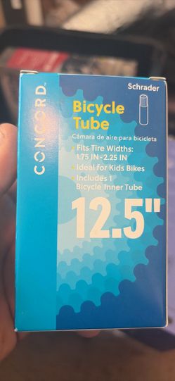 New Concord bicycle inner tube. Tube is 12.5 inches. Has Schrader valve. Fits tire widths 1.75 IN-2.25 IN. Ideal for kids bikes. Includes one bicycle 