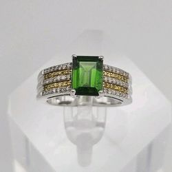 Green Tourmaline Canary & White Diamonds Ring -