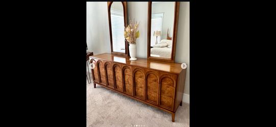 Thomasville Sculptural 'Acrhed' 9 Drawer Dresser Walnut, Olive Burl, Travertine