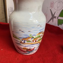 7 Inch Handmade In Greece Ceramic White Greek Pottery Greek Island Design With Boat Vase Imported From Greece