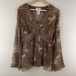 ICE Vintage Y2K Brown 100% Silk Cheetah Print Sheer Sequin V Neck Flowy Blouse