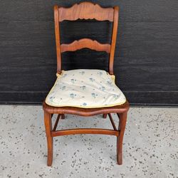 Small Antique Cane Bottom Chair With Blue Flowered Cushion 