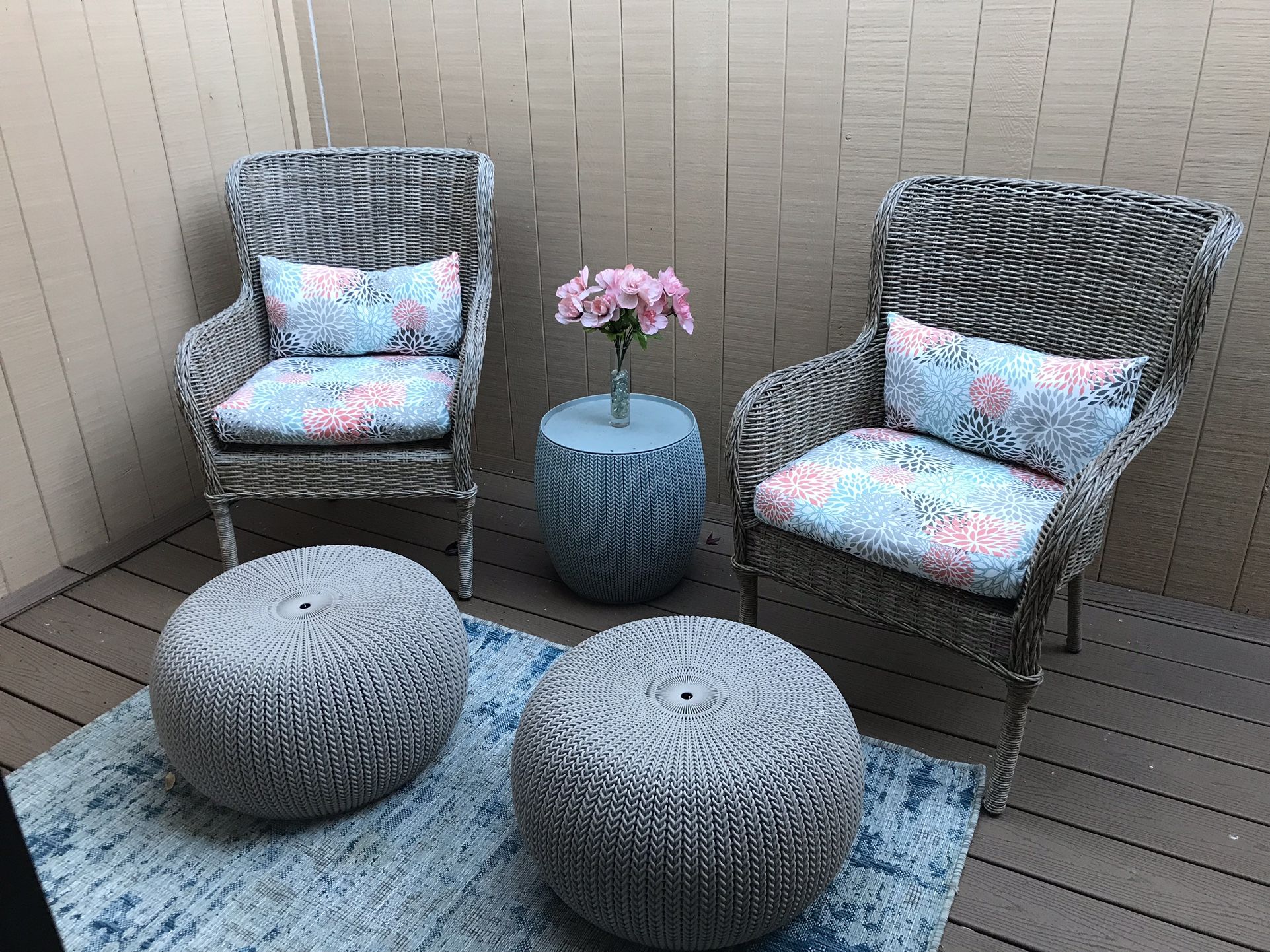 Outdoor Patio Set Wicker Chairs, Footstools, Table And Rug