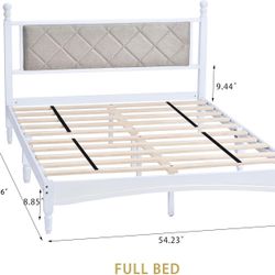 Full Bed Frame with Fabric Upholstered Headboard, Solid Rubber Wood Central Supports, White
