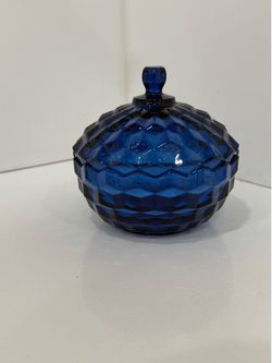 Vintage Cobalt Blue Glass Candy Dish – Whitehall Cubist Pattern, Indiana Glass 1960s