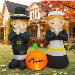 OurWarm 5FT Thanksgiving Inflatables Outdoor Decorations Boy & Girl Pilgrim Pilgrim Inflatable with Pumpkin, Built-in Powerful Blower & LEDs, Thanksgi