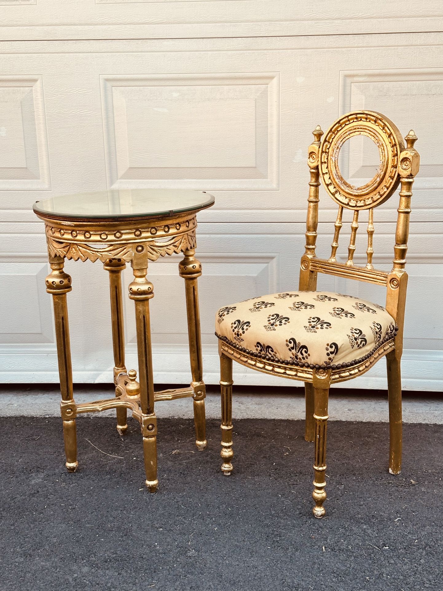 Vintage French style Hollywood regency Gold Leaf Vanity Chair And Side Table with mirror on top $267.00 EACH