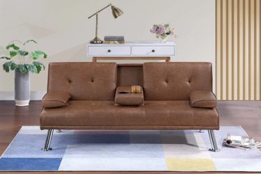 Brand New Brown Leather Futon Sofa Sleeper w Cupholders