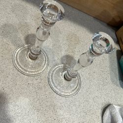 Pair Of (2) Tiffany & Co Round Crystal Candle Holders 8.4”
