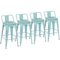 Metal Bar Stools with Backs Set of 4 Kitchen Counter Height Stools with Wooden Seat 26" Distressed Green