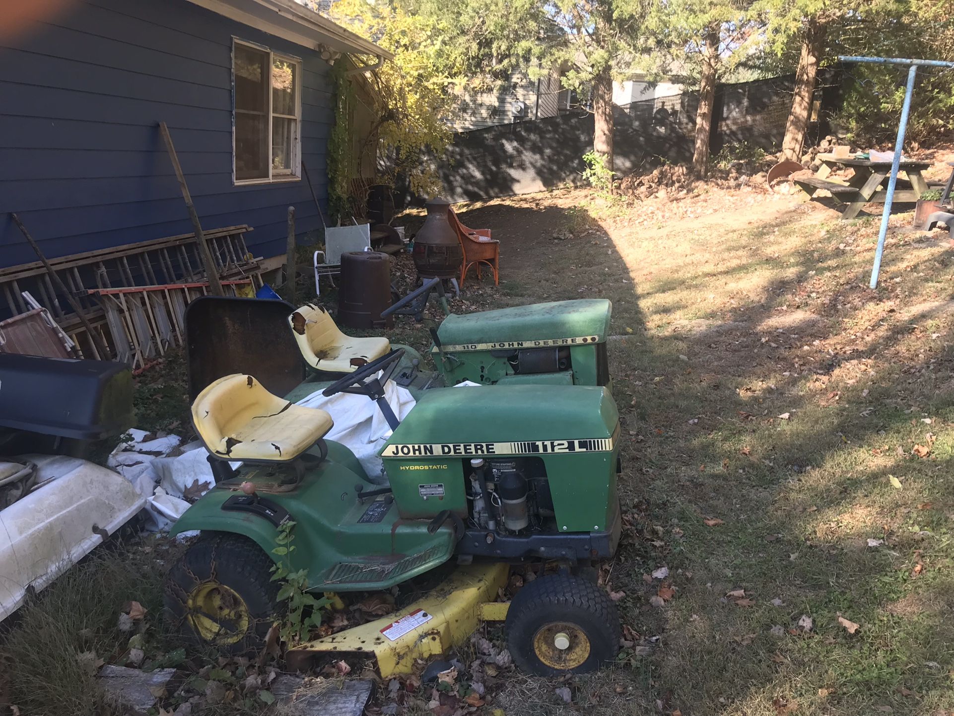2 John Deere Riders 112 Has Snow Blower And Leaf Bagger 110 Needs Work Taking Best Offer