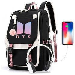 Kpop Bts School Backpack Merchandise, Features USB and Audio Cable Interface Breakers, Suitable For Students, Bts Laptop Bts and Casual Backpack