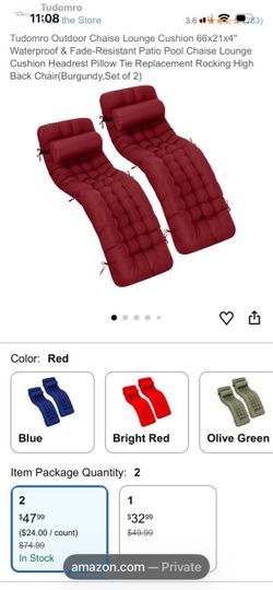 Tudomro Outdoor Chaise Lounge Cushion, Burgundy, Set of 2 66x21x4