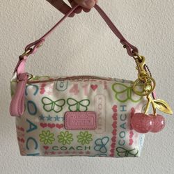 y2k 2000s authentic coach leatherware white pink flowers butterfly graffiti vinyl demi bag 