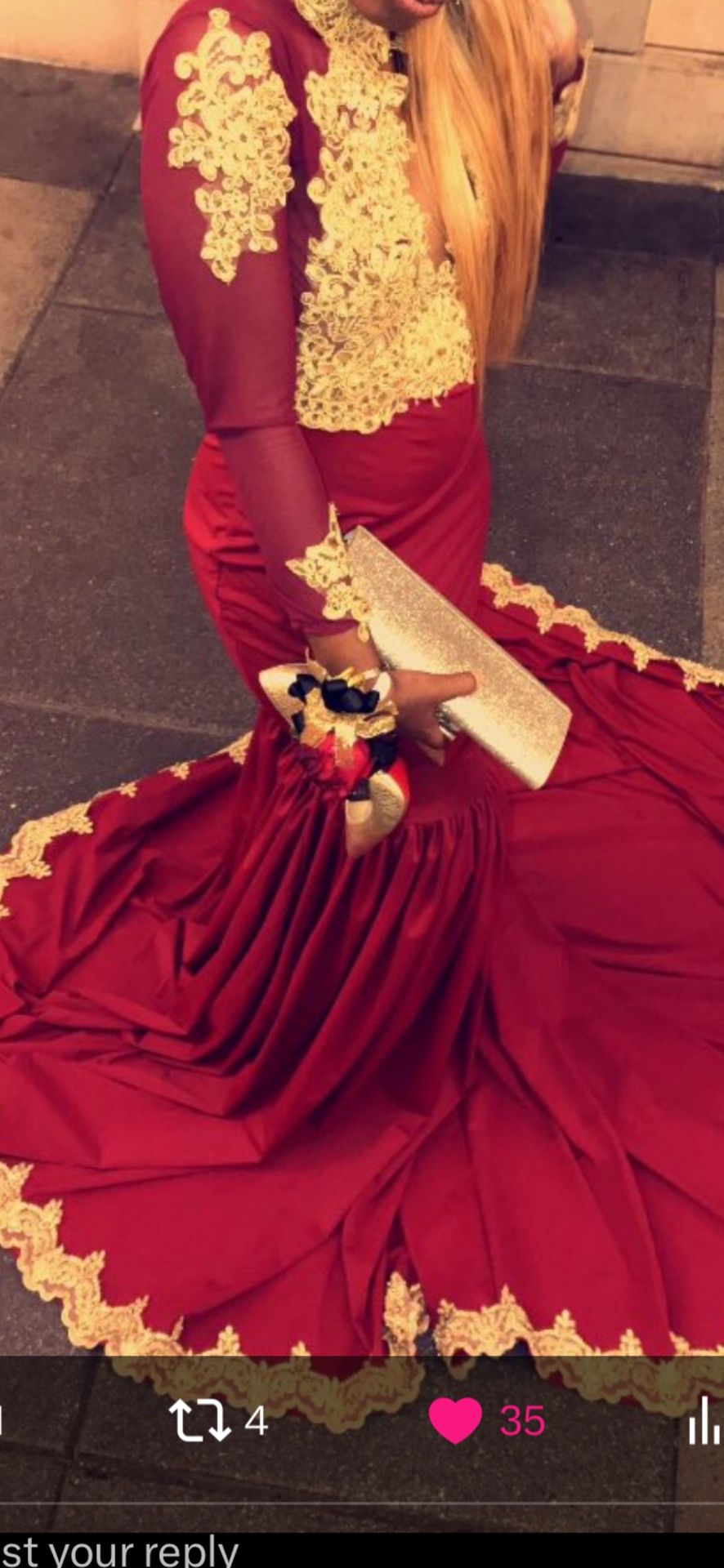 Red CUSTOM PROM DRESS WITH GOLD DETAILING