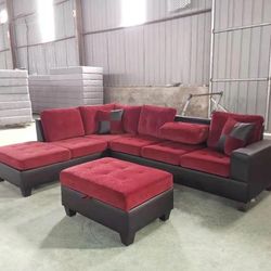 2PC Red & Black Sectional W/Storage Ottoman