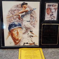 Mickey Mantle autographed photo mounted on plaque with coa