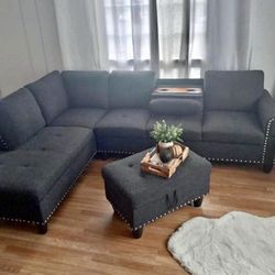 Charcoal Grey Linen Sectional Couch With Drop Down Table 