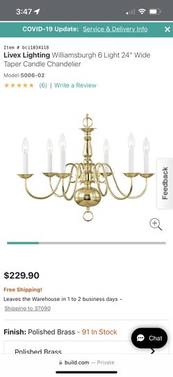New In Box - 24” Brass 6 Candle Chandelier