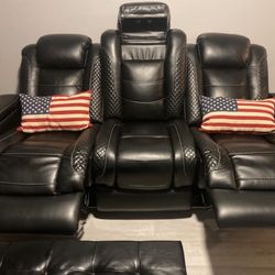 Leather Sofa W/ Recliners, Cup holders, Charging ports And lights 