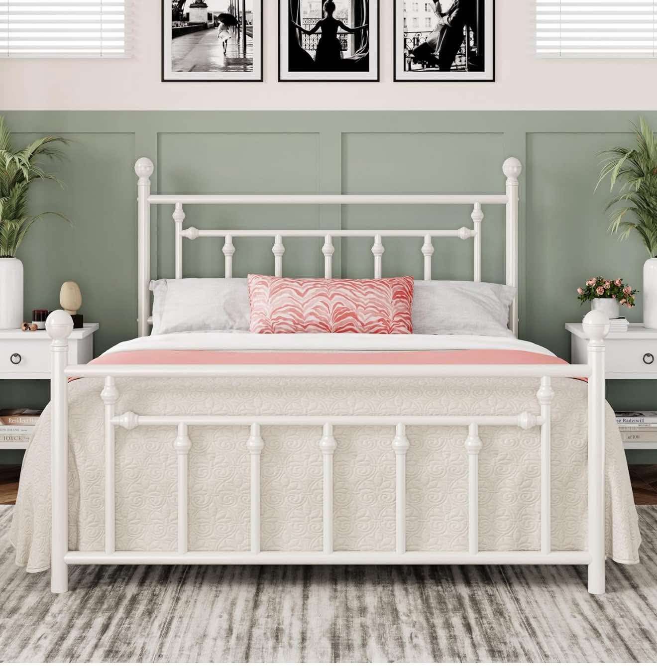 14 Inch Queen Size Metal Platform Bed Frame with Victorian Vintage White O-12