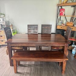 Rustic Solid Wood Dining Table Set – Table, Bench & Chairs